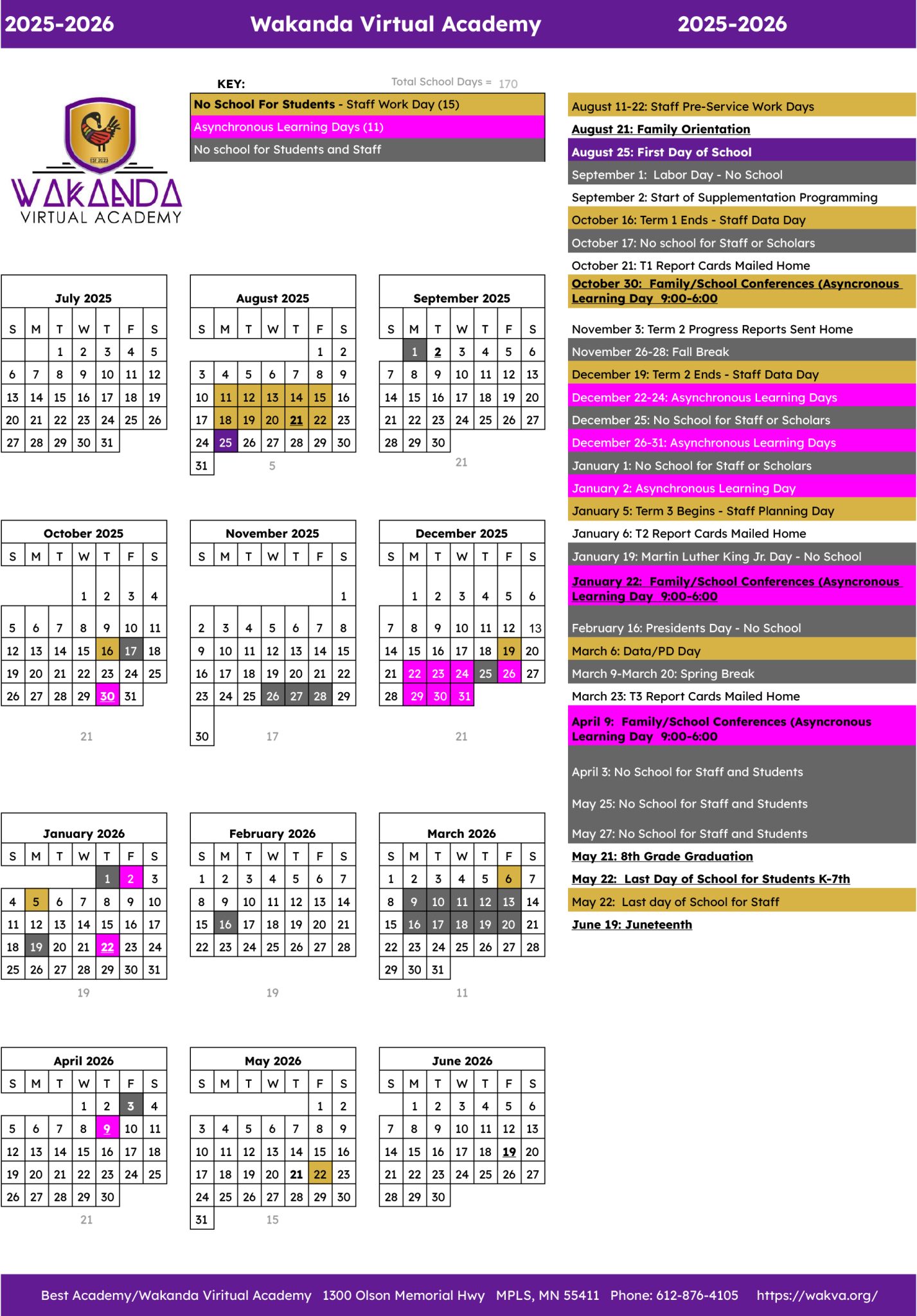 Wakanda Virtual Academy Calendar